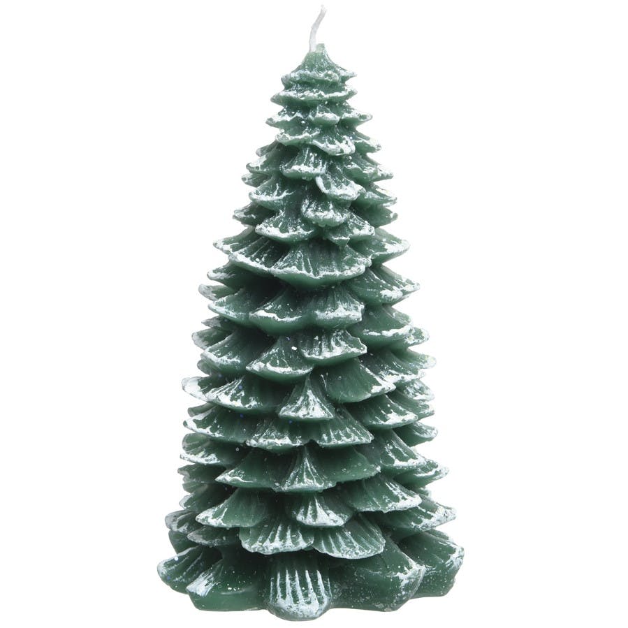 Bougie forme Sapin vert et givre blanc 18cm