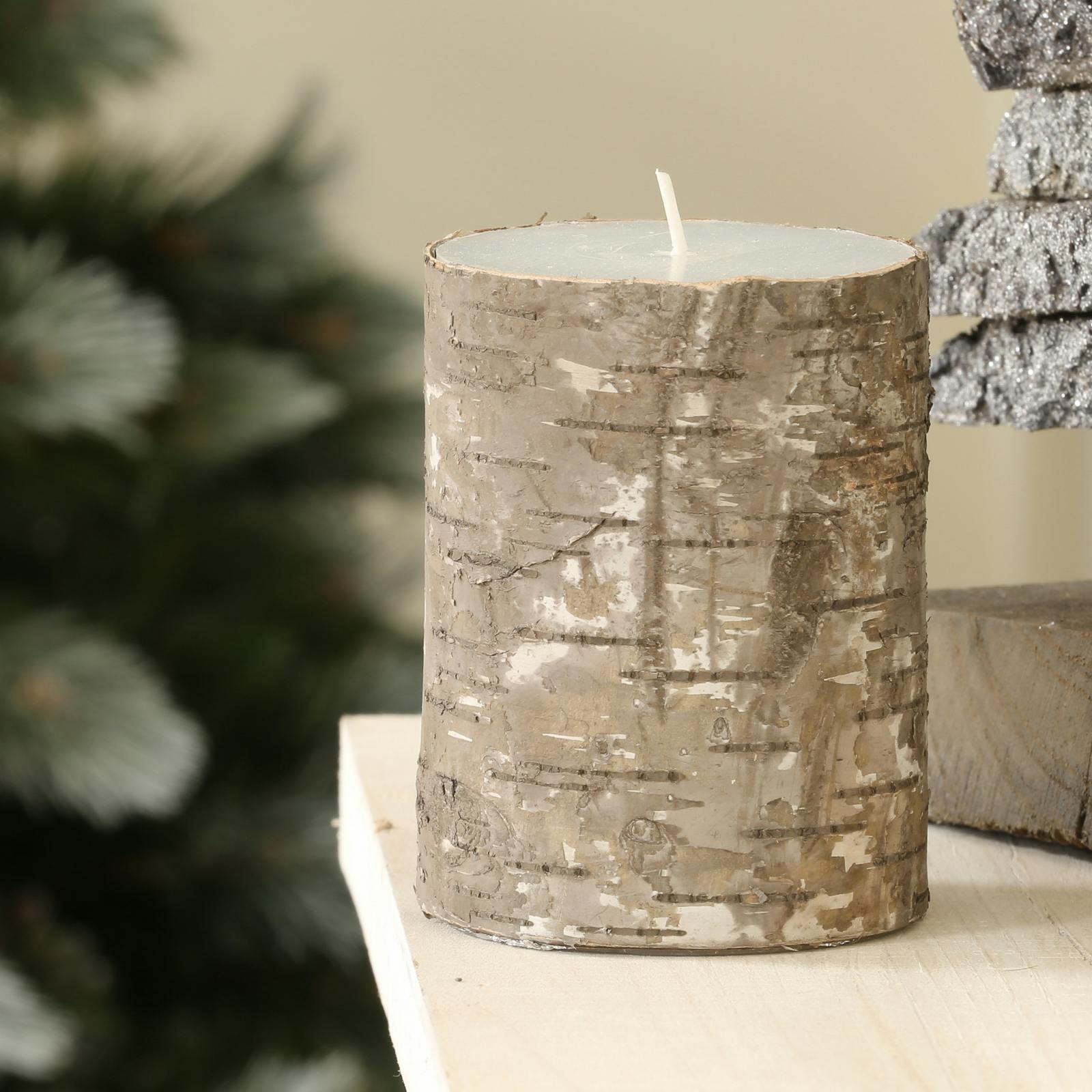 Bougie forme tronc de bouleau beige