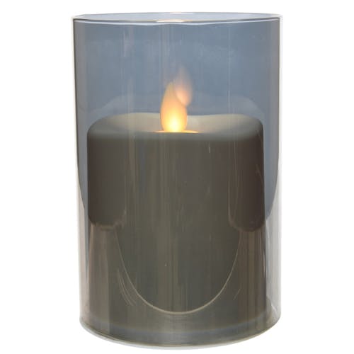 Bougie LED flamme effet vacillant en verre gris fumé 12cm