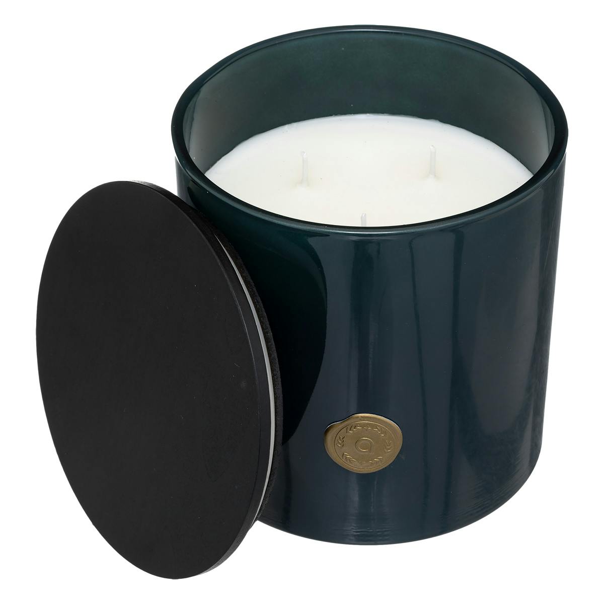 Bougie parfumée fève tonka dans pot en verre bleu canard