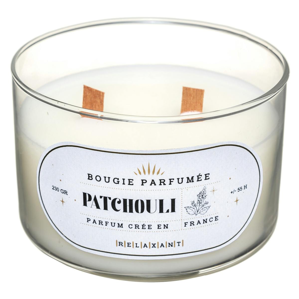 Bougie parfumée patchouli à double mèche crépitante