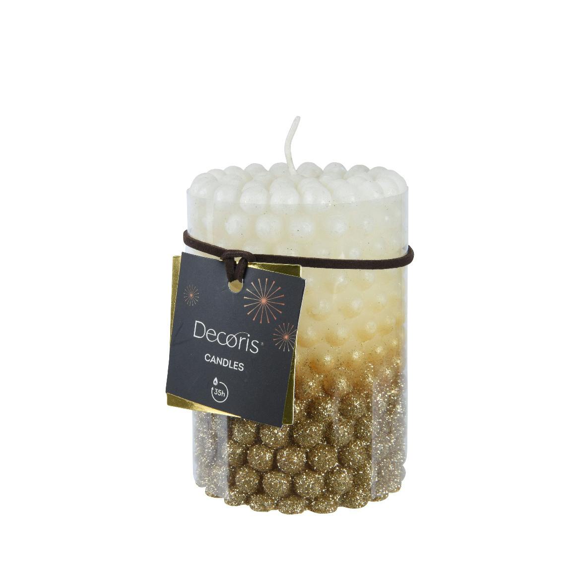 Bougie ronde billes dorées et blanches 10 cm