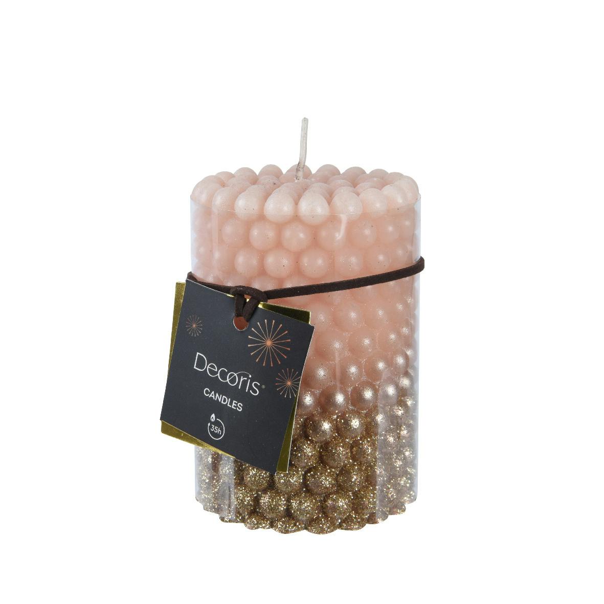 Bougie ronde billes dorées et roses 10 cm