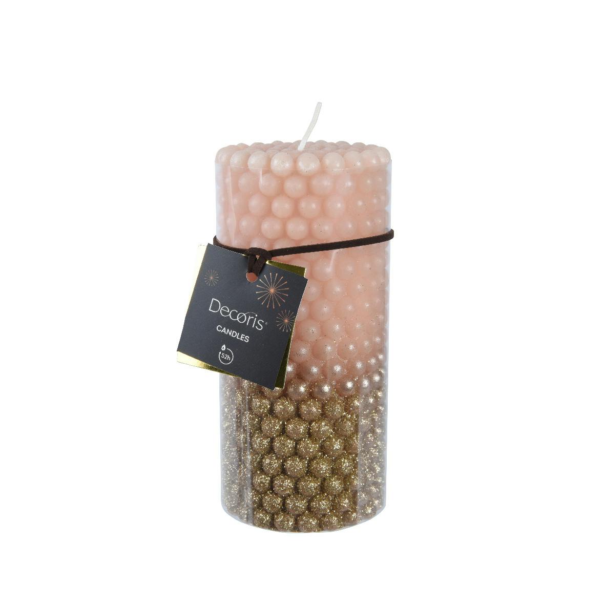 Bougie ronde billes dorées et roses 15 cm