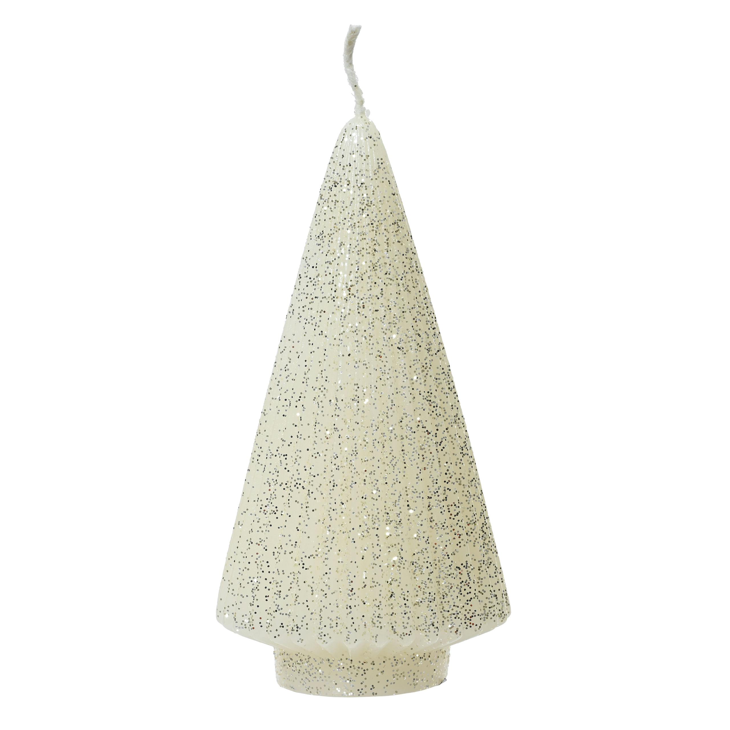 Bougie sapin écrue paillettes argentées H17 cm