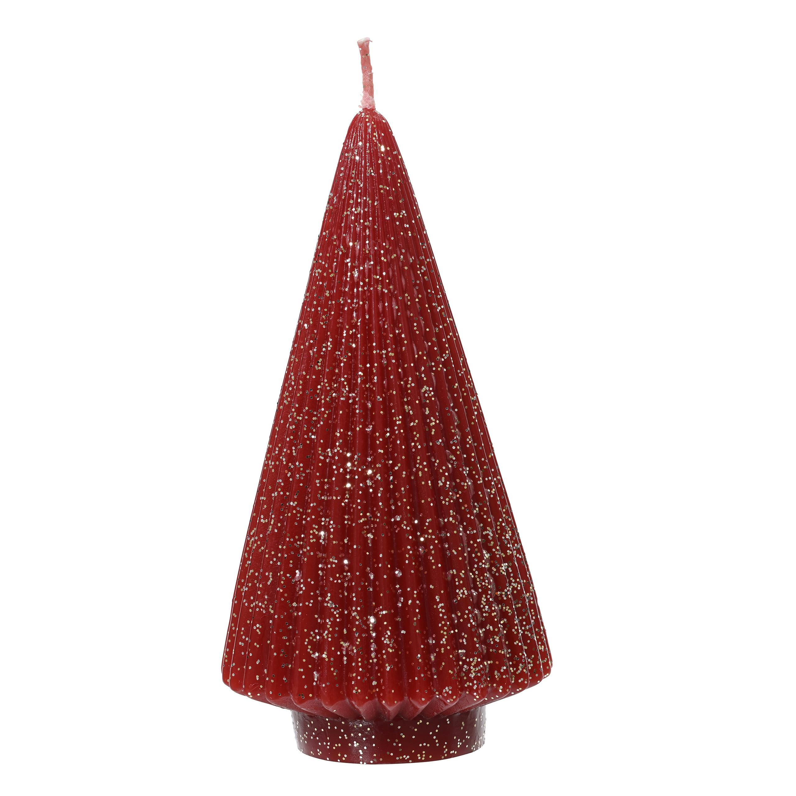 Bougie sapin rouge paillettes argentées H17 cm