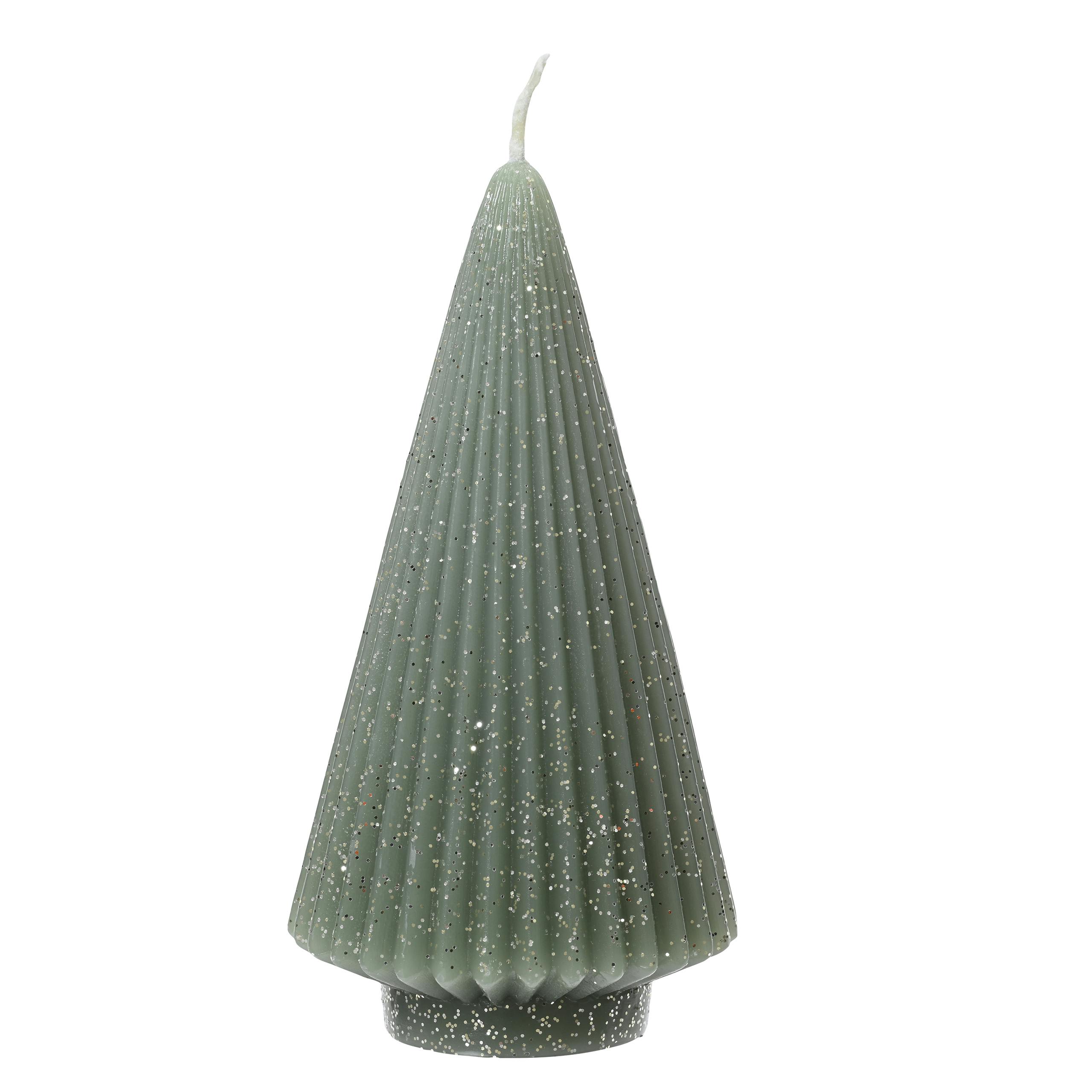 Bougie sapin verte paillettes argentées H17 cm