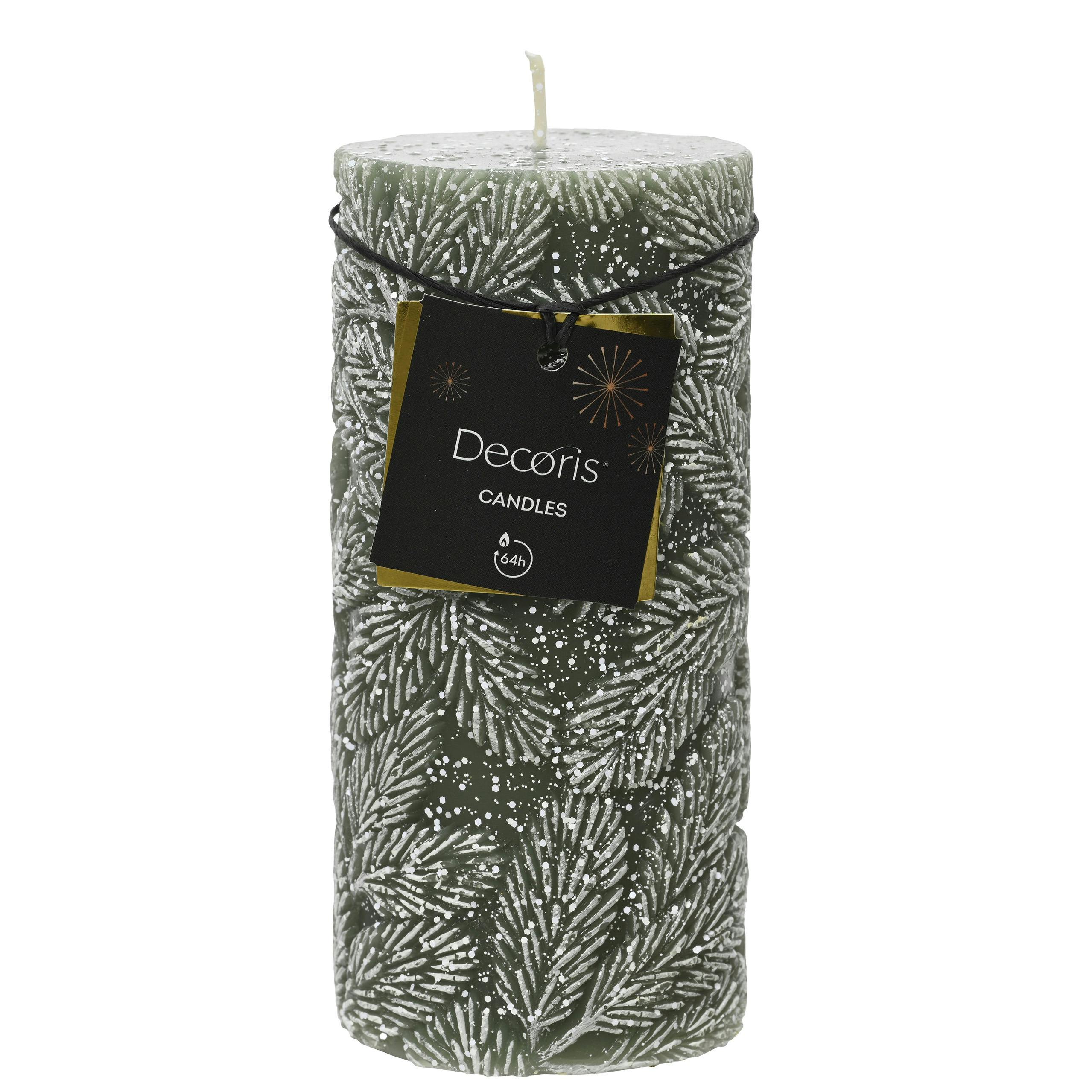 Bougie verte décor feuilles en relief H15 cm