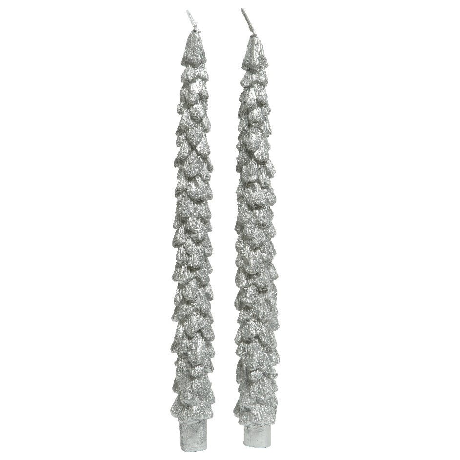 Bougies de Noël argent motif sapin (boîte de 2)