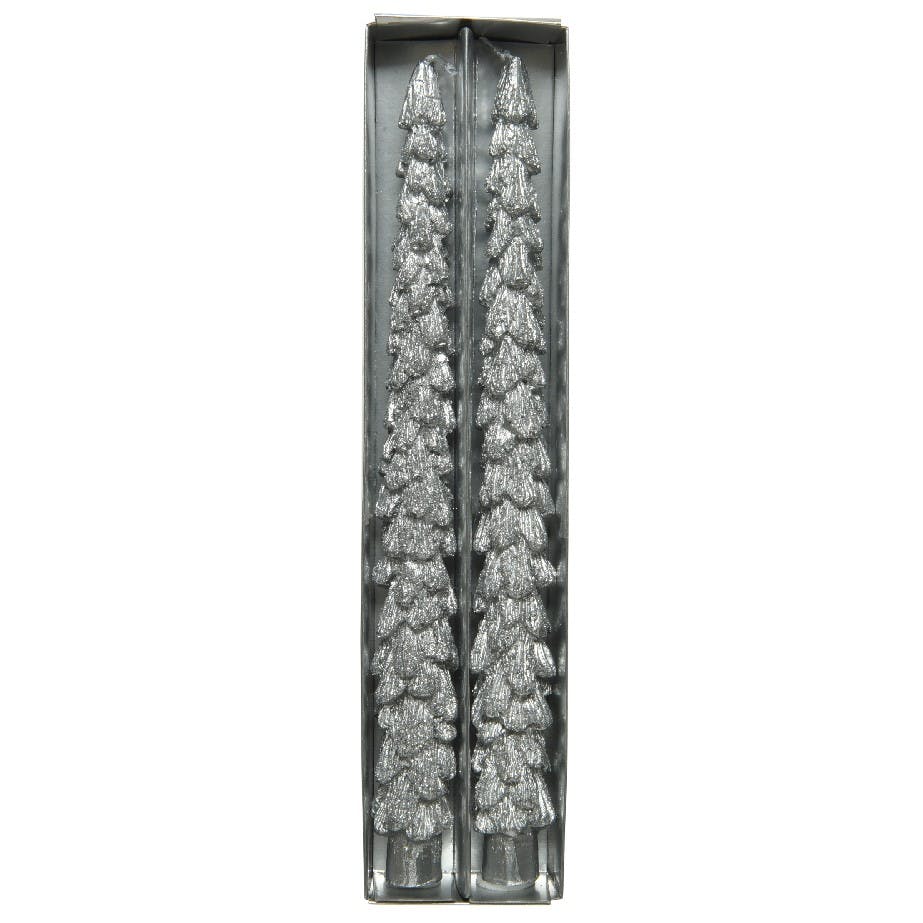 Bougies de Noël argent motif sapin (boîte de 2)