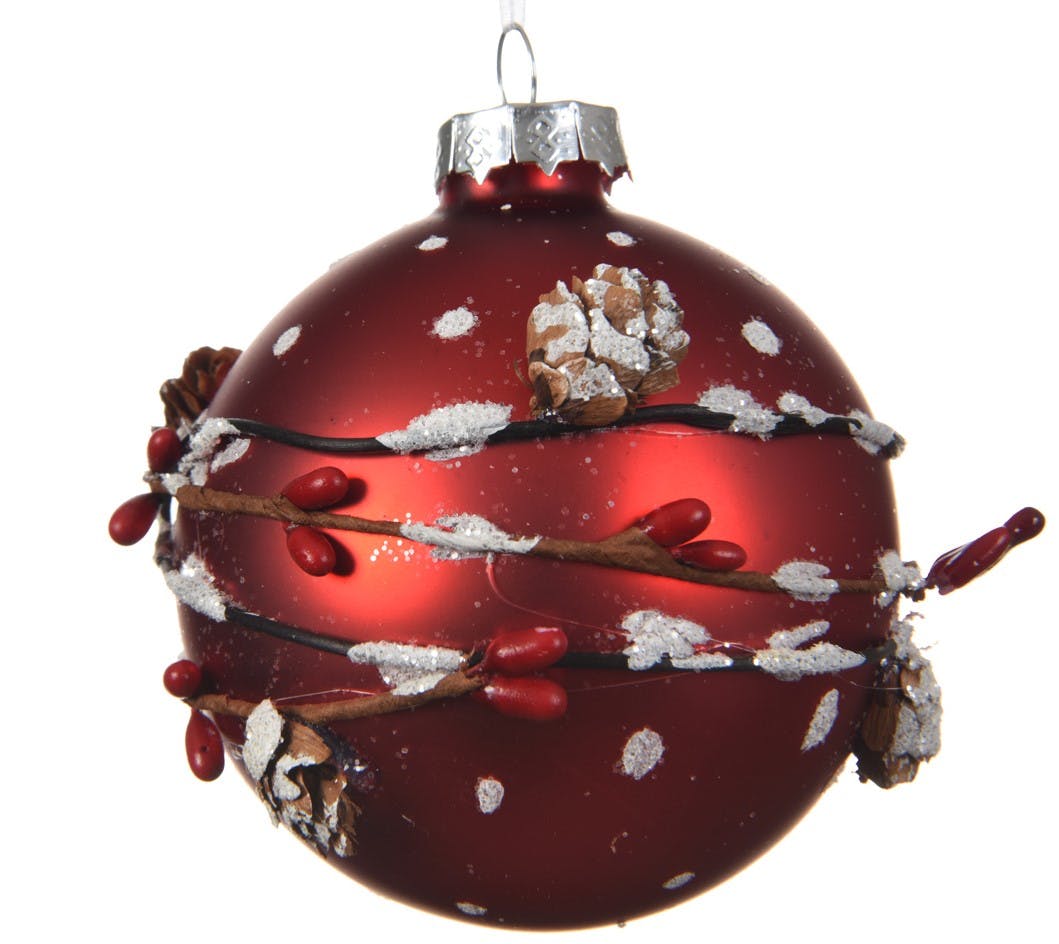 Boule de noël rouge décor en relief pomme de pin D8cm