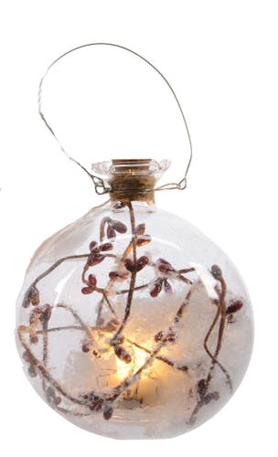 Boule en verre avec LED décor branche et bourgeons D10cm