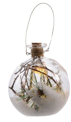Boule en verre avec LED décor branche et pomme de pin D10cm