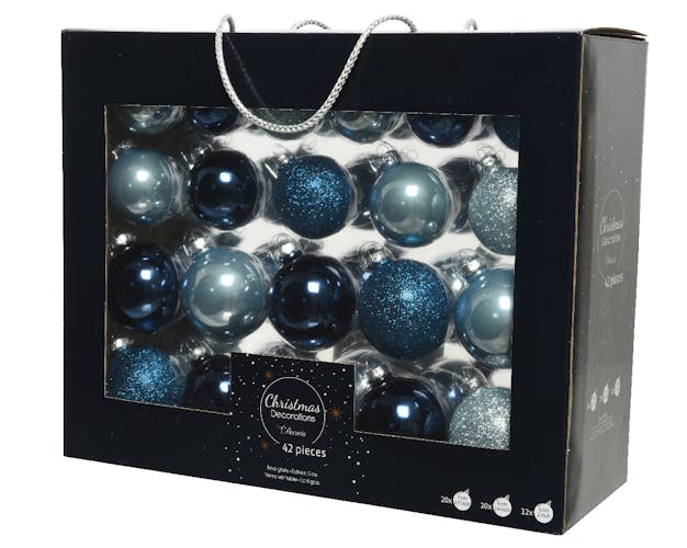 Boules de Noël en verre bleu et dégradés de bleu finition brillante et mate (boîte de 42)