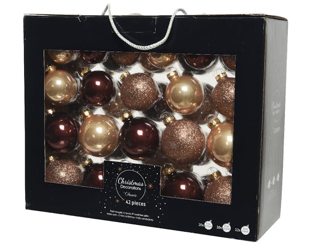 Boules de Noël en verre brun et dégradés de brun finition brillante et mate (boîte de 42)