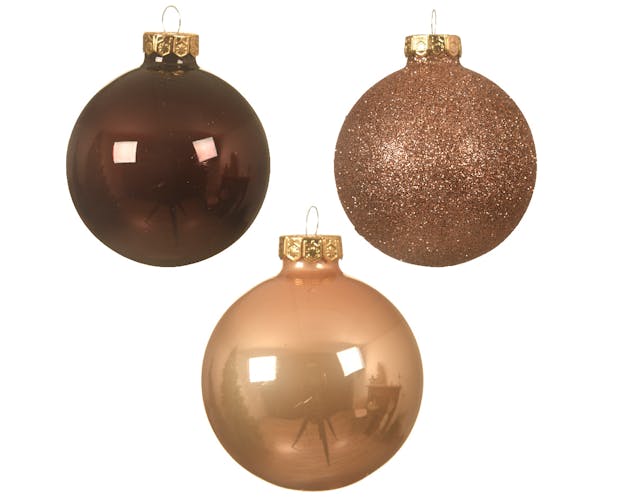 Boules de Noël en verre brun et dégradés de brun finition brillante et mate (boîte de 42)