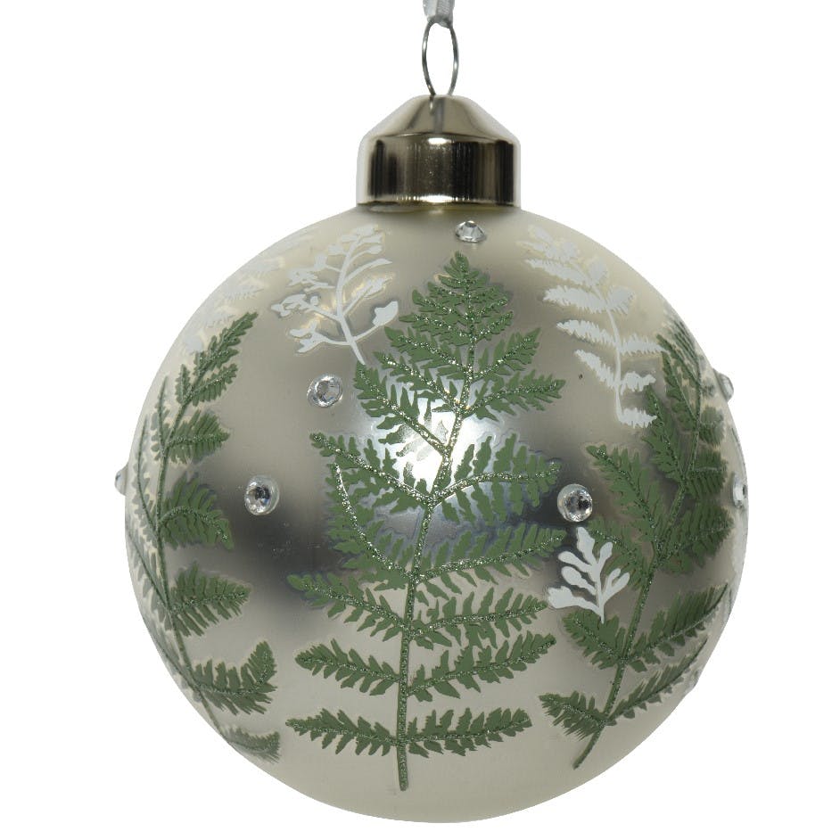 Boules de Noël en verre couleur argent avec feuillage vert et blanc et petits diamants (boîte de 3)