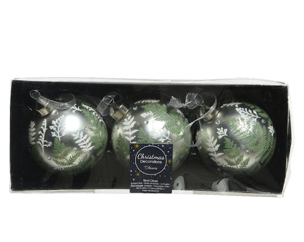 Boules de Noël en verre couleur argent avec feuillage vert et blanc et petits diamants (boîte de 3)