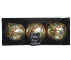 Boules de Noël en verre couleur argent mat motif cadeau avec perles et paillettes (boîte de 3)