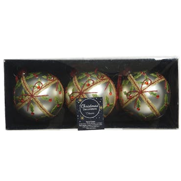  Boules de Noël en verre couleur argent mat motif cadeau avec perles et paillettes (boîte de 3)