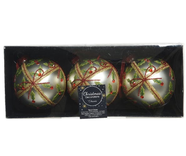 Boules de Noël en verre couleur argent mat motif cadeau avec perles et paillettes (boîte de 3)