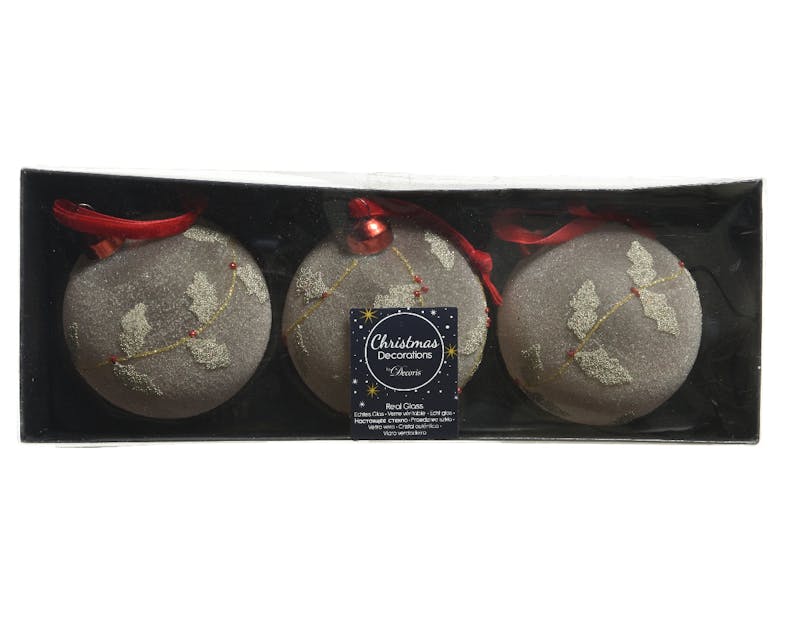Boules de Noël en verre opaque rose pâle avec baies rouges (boîte de 3