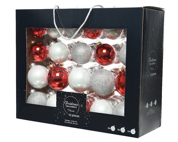 Boules de Noël en verre rouge, blanc et argent (boîte de 42)