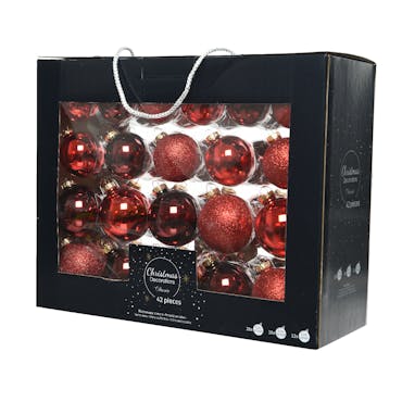  Boules de Noël en verre rouge et dégradés de rouge finition brillante et mate (boîte de 42)