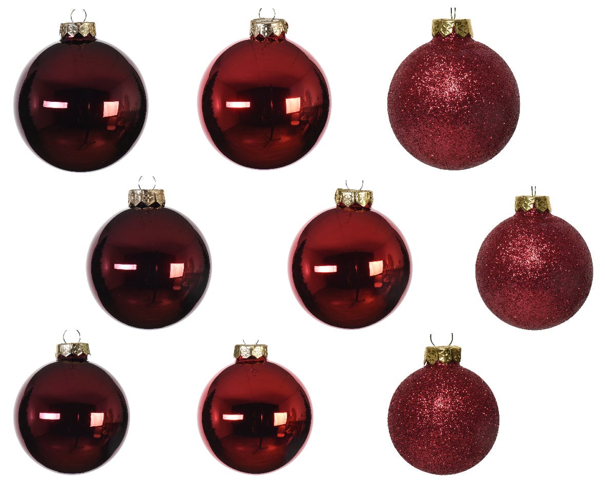 Boules de Noël en verre rouge et dégradés de rouge finition brillante et mate (boîte de 42)