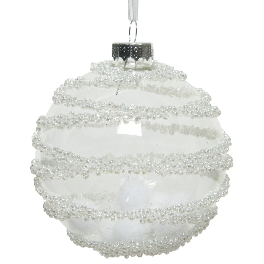 Boules de Noël en verre transparent avec perles et pompons (boîte de 3)