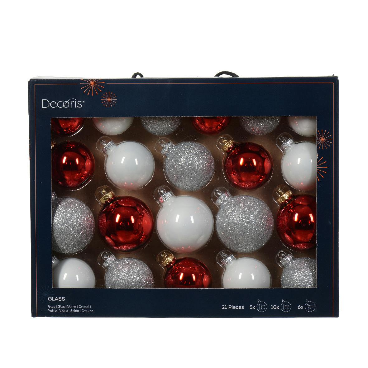 Boules de Noël mix blanc/gris/rouge (coffret de 21 pièces)