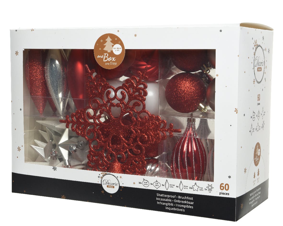 Boules de Noël rouges et blanches incassables avec cimier (60 pièces)