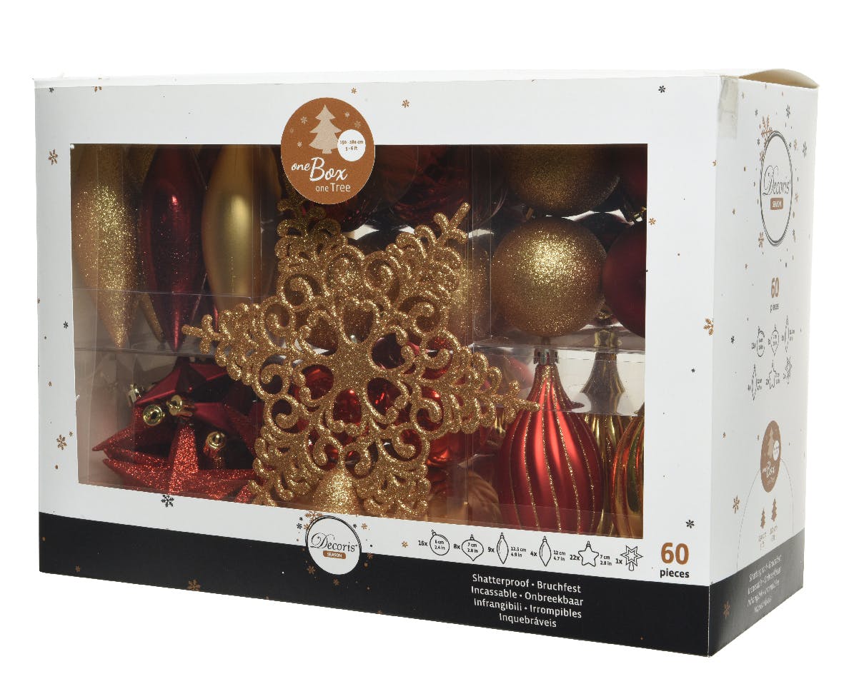 Boules de Noël rouges et or incassables avec cimier (60 pièces)