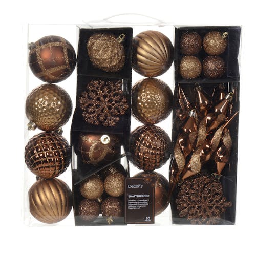 Boules et décos de Noël brun / or (assortiment de 50 pièces)