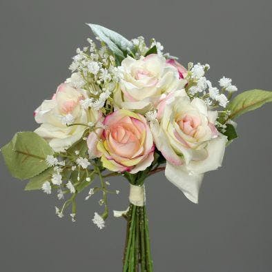 Bouquet de roses et gypsophile coloris rose et crème, 20cm