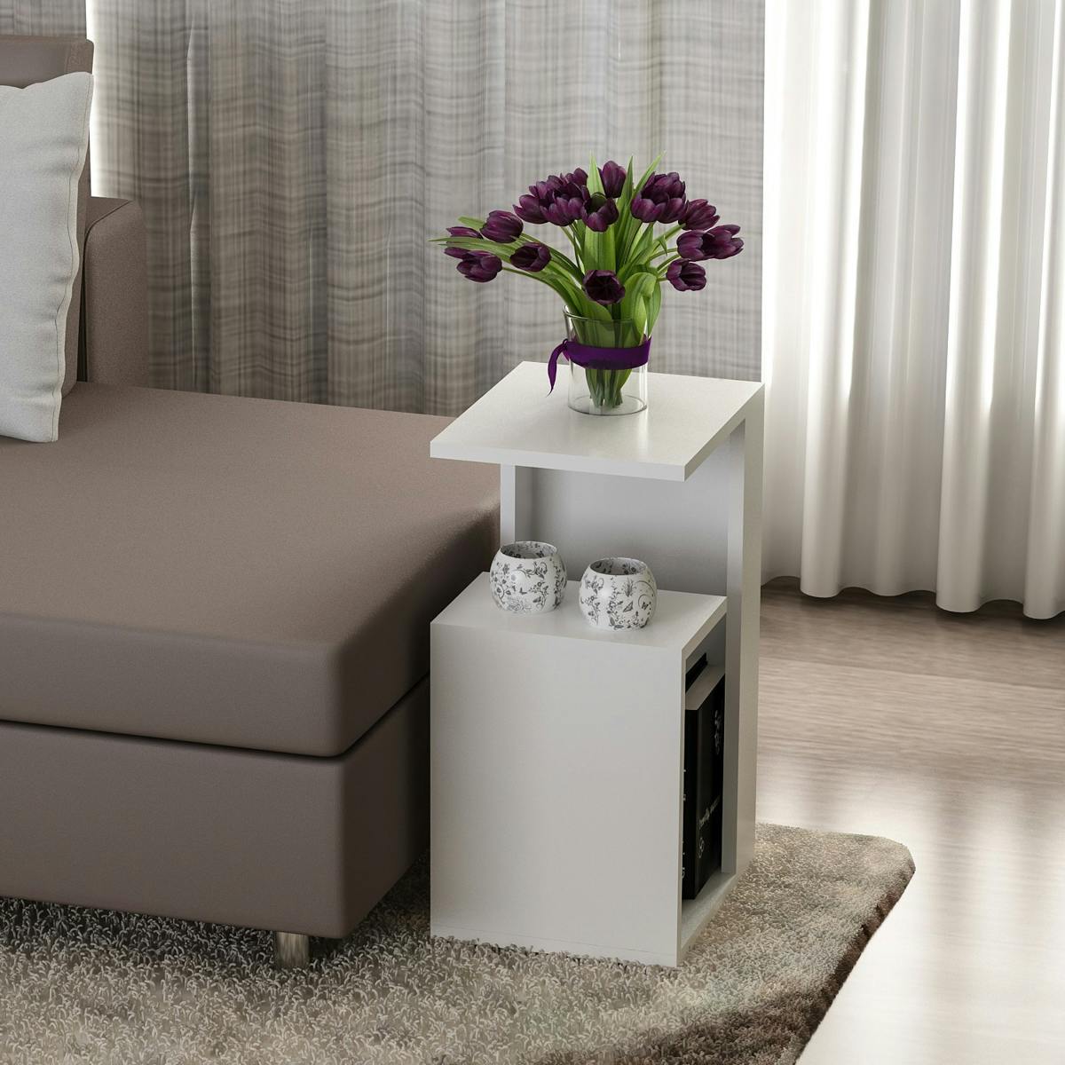 Bout de canapé blanc moderne 2 tablettes 1 niche MARFA