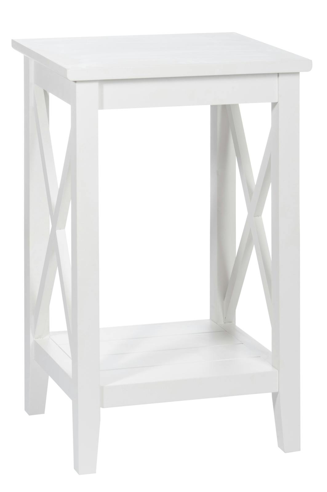 Bout de canapé bois blanc double plateau, pieds croisillons 40x35x65cm