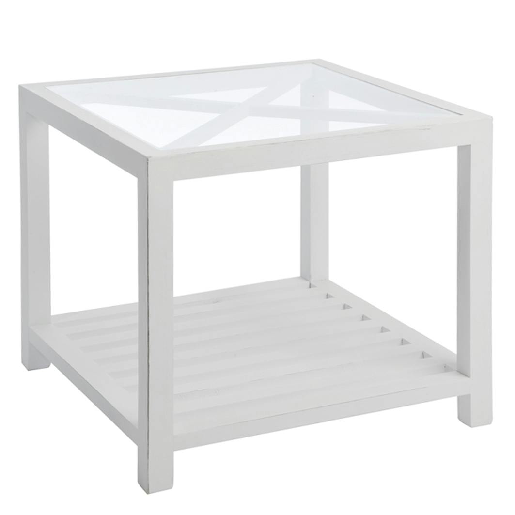 Bout de canapé bois blanc, plateau supérieur en verre  avec croisillons 50x50x45cm