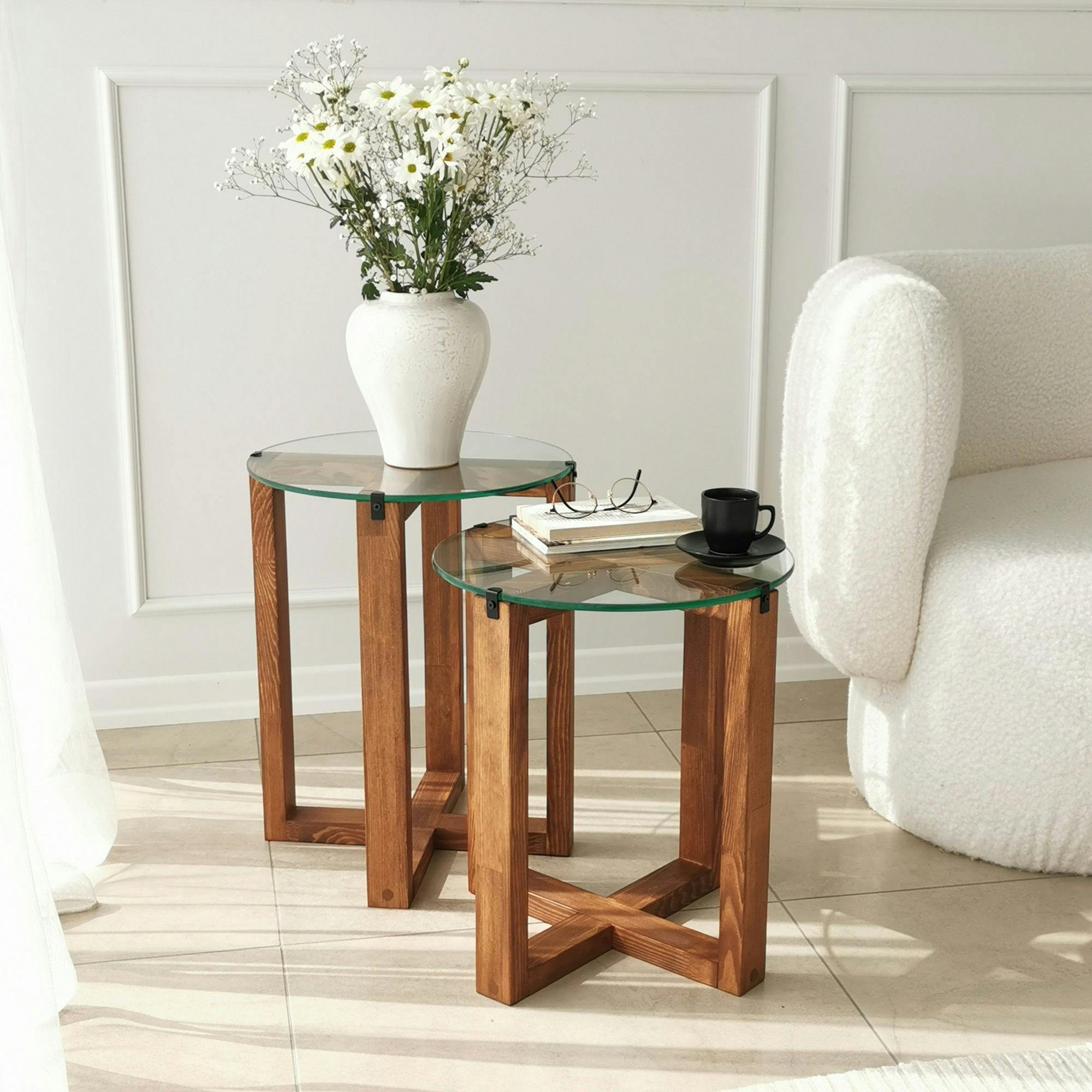 Bout de canapé bois brun avec plateau verre (lot de 2) ANZIO