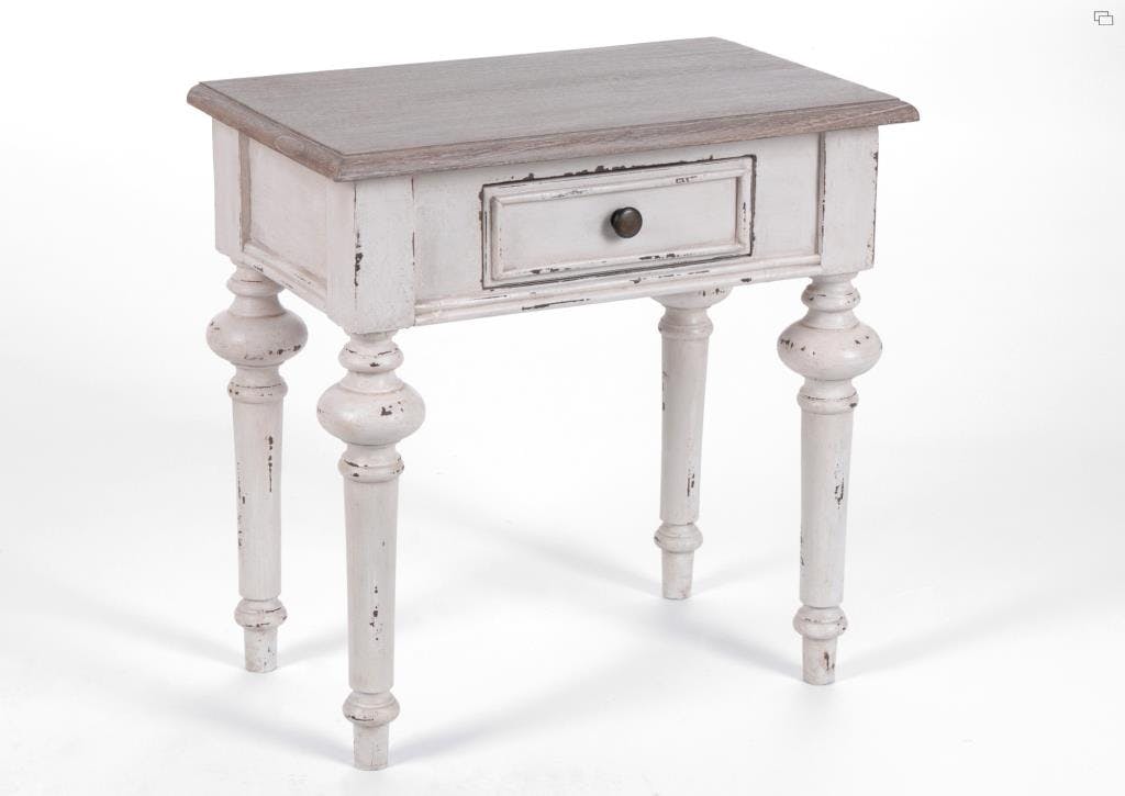 Bout de canapé bois vieilli beige 1 tiroir style Louis XVI LEGENDE L50xP30xH50 AMADEUS