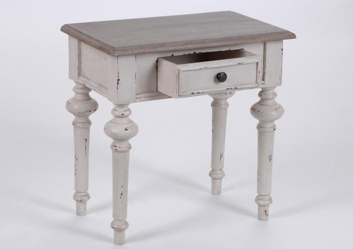 Bout de canapé bois vieilli beige 1 tiroir style Louis XVI LEGENDE L50xP30xH50 AMADEUS