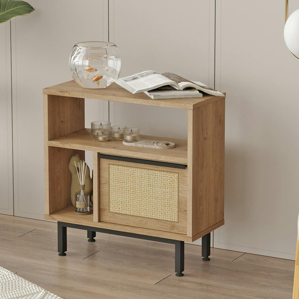 Bout de canapé cannage décor bois 2 niches 1 porte JENA