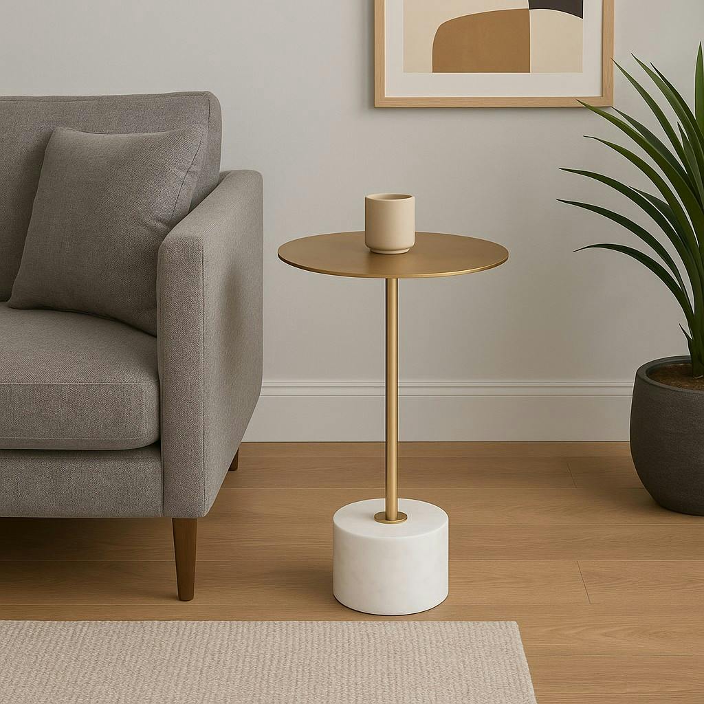 Bout de canapé design en marbre avec plateau doré Ø41 cm TALLINN