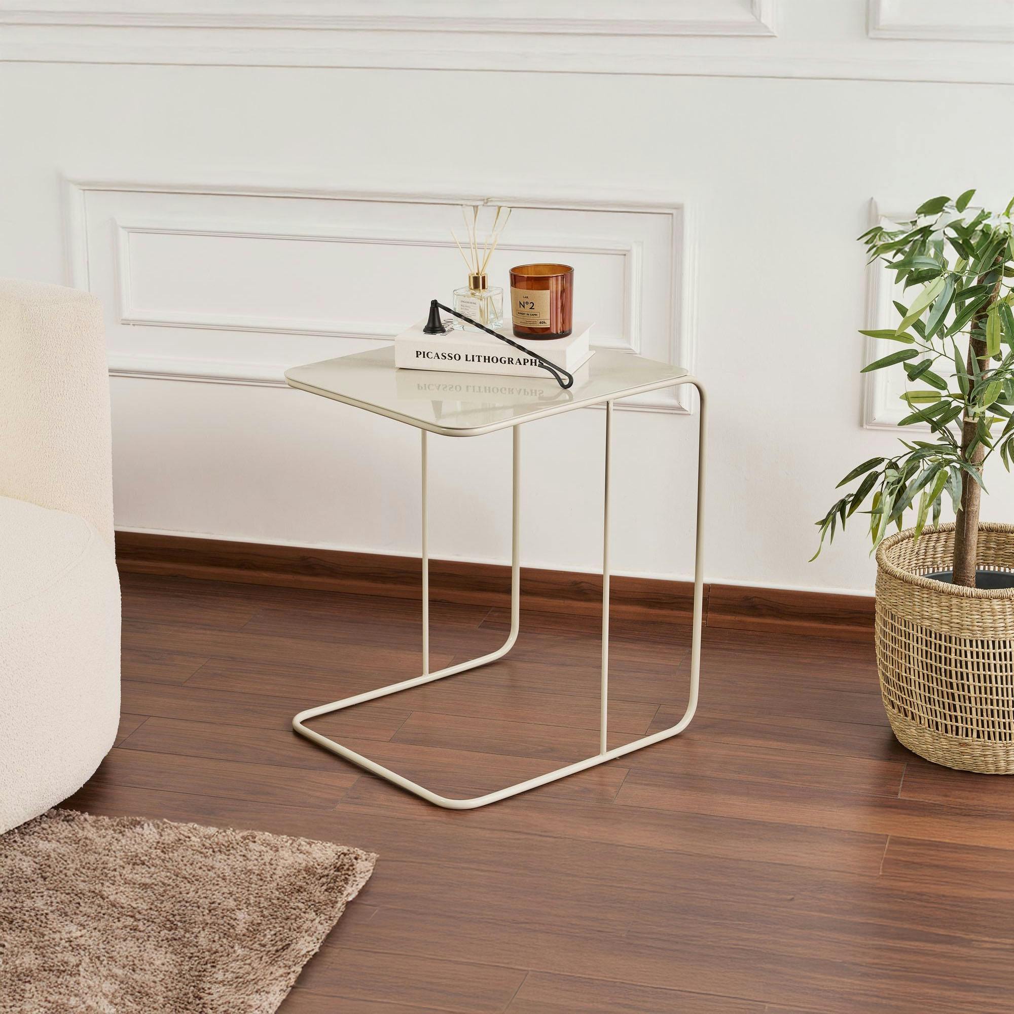 Bout de canapé design métal taupe – plateau carré moderne SFAX