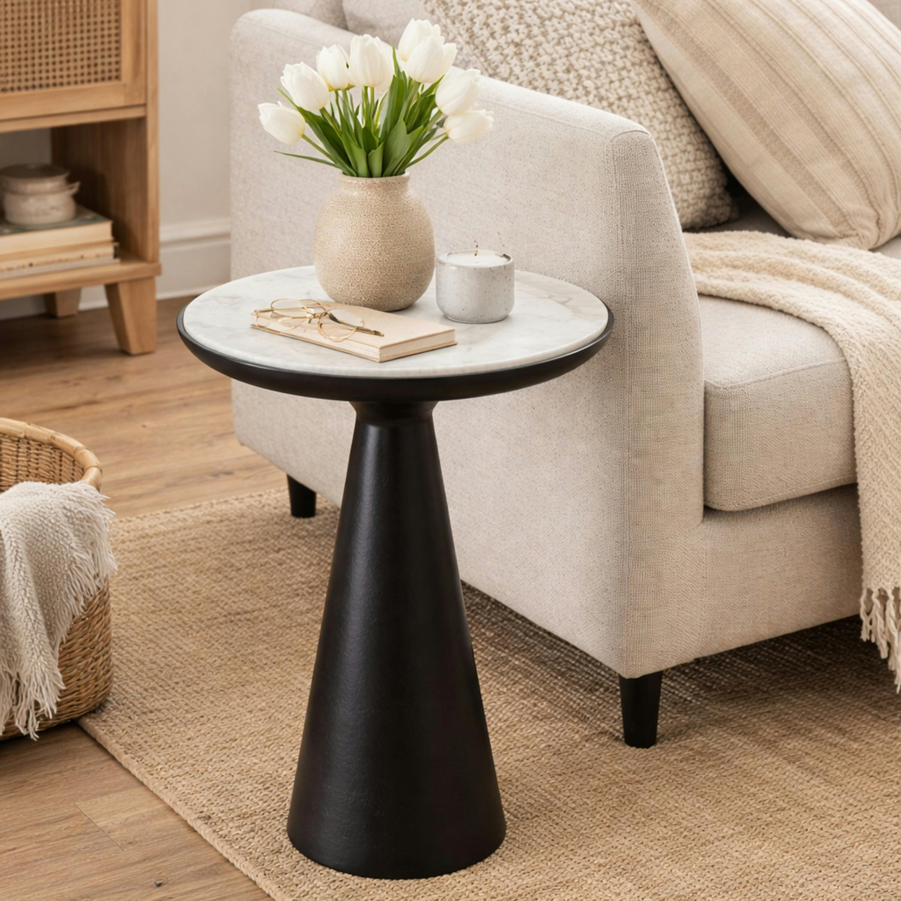 Bout de canapé marbre blanc et pied noir Ø45 cm DUOMO