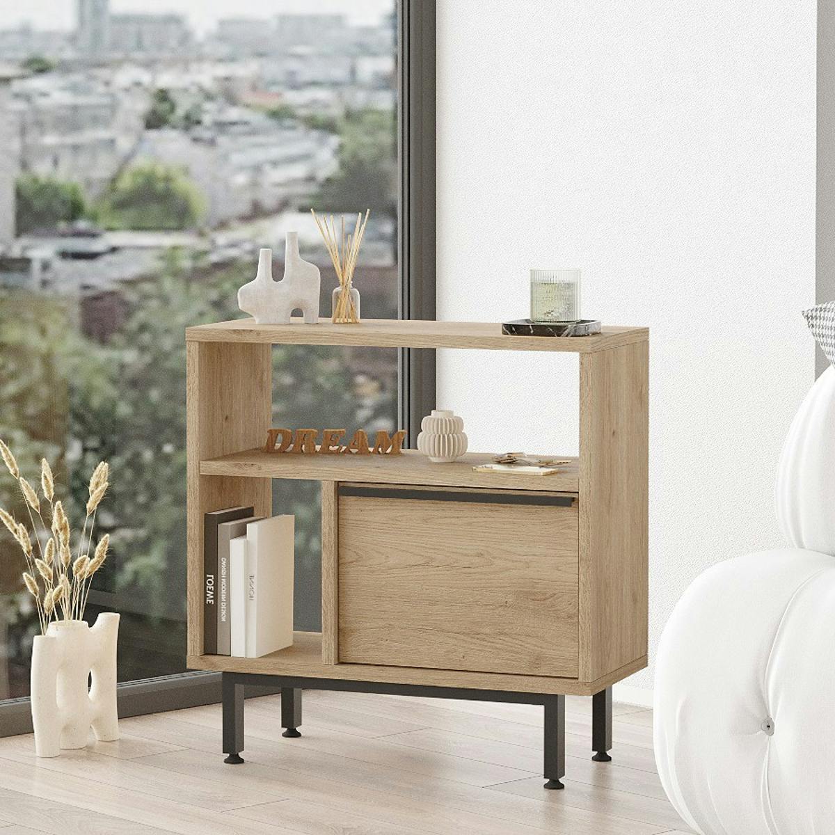 Bout de canapé moderne décor bois 2 niches 1 porte JENA