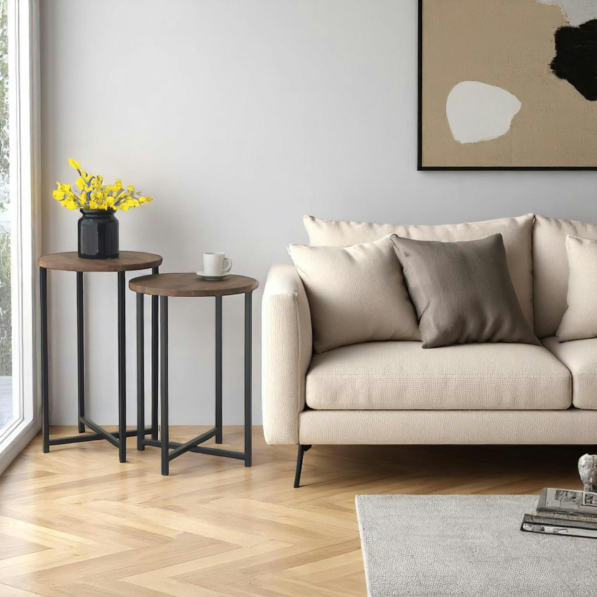 Bout de canapé rond - bois brun, métal (lot de 2) LINARES