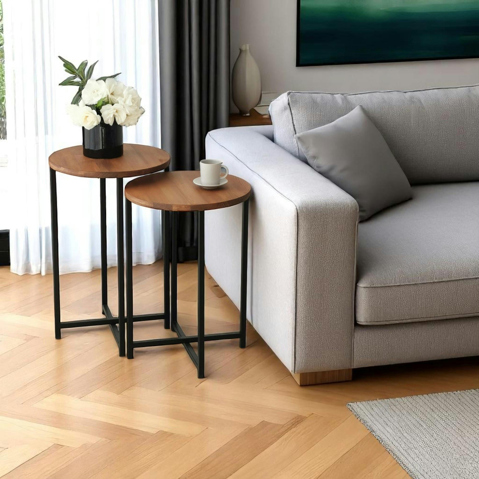 Bout de canapé rond - bois marron, métal (lot de 2) LINARES