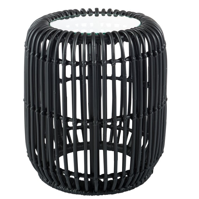 Bout de canapé rond en rotin noir, plateau verre D38cm
