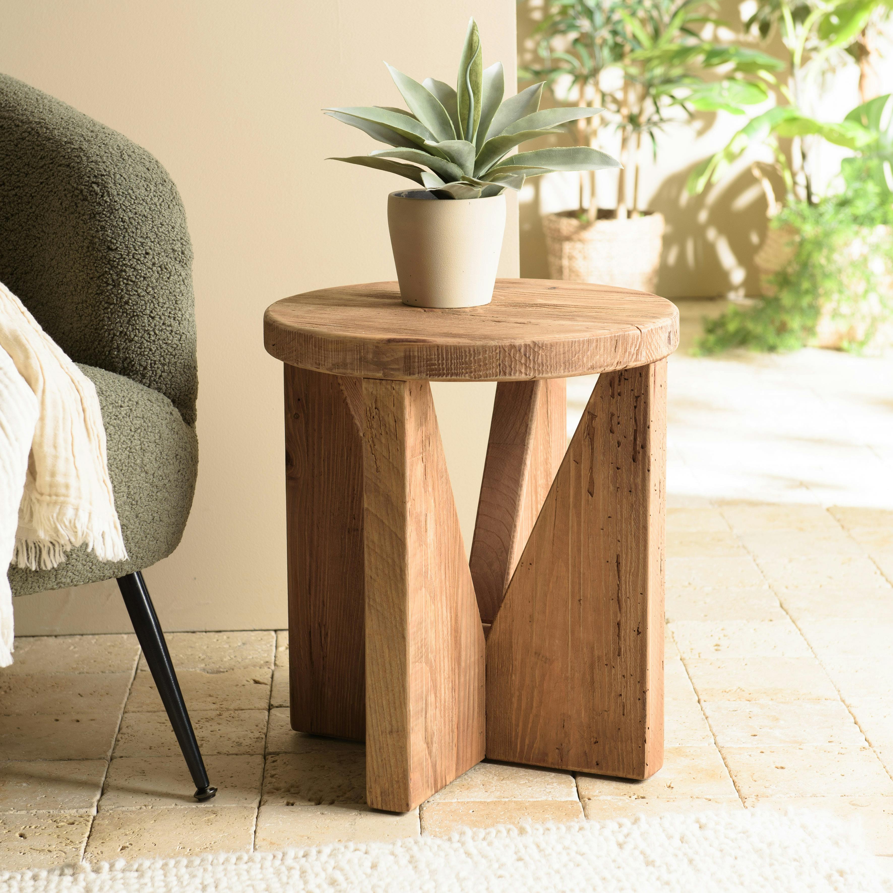 Bout de canapé rond pin recyclé pieds géométriques DENVER